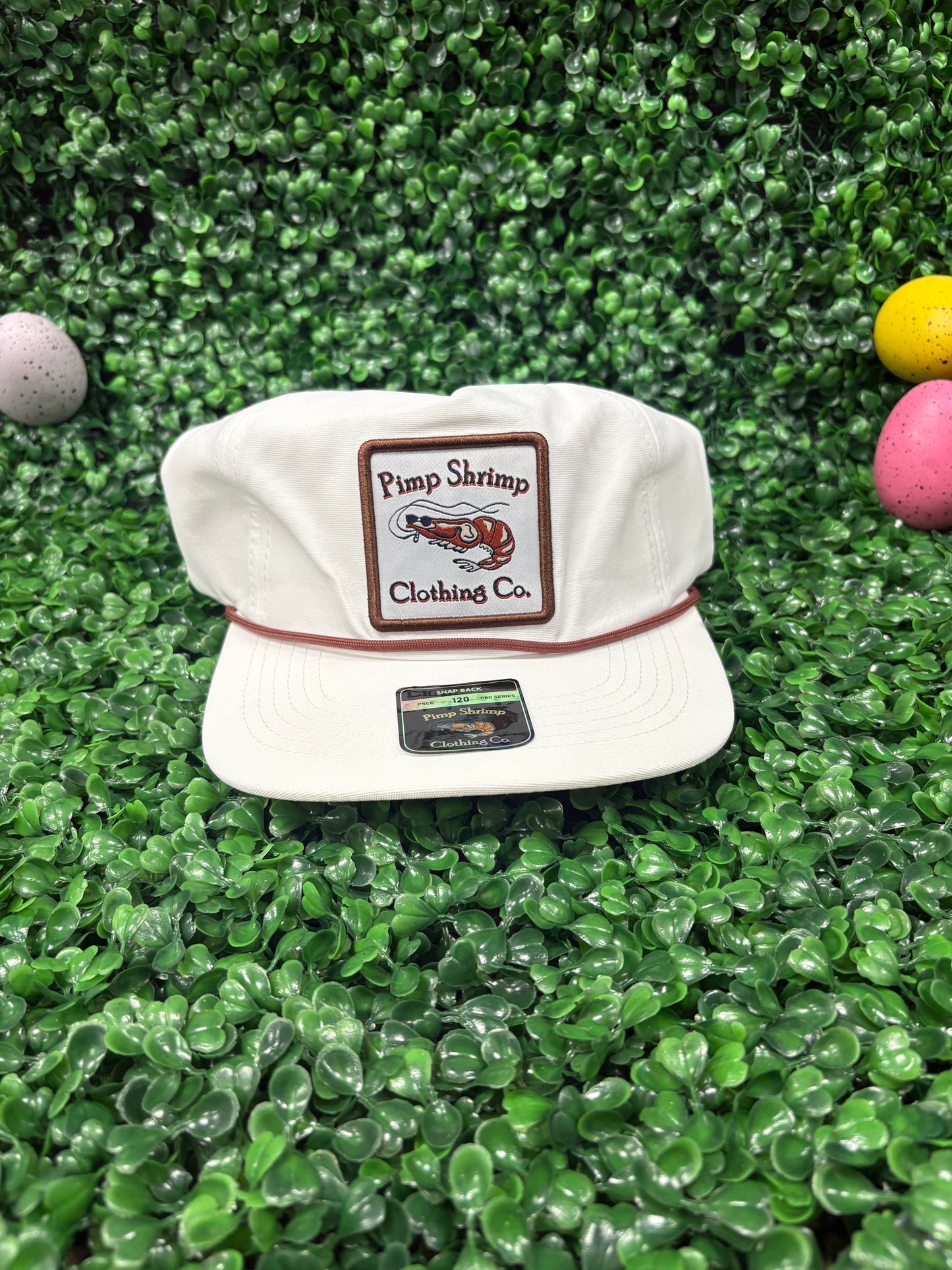 Pimp shrimp white flat bill hat