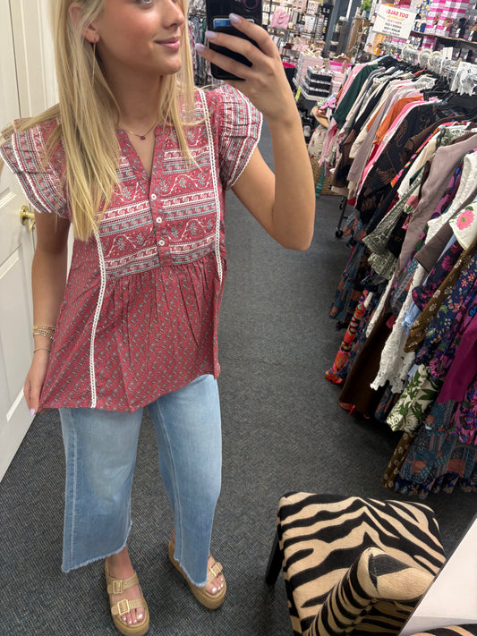 MudPie Red floral multi color top