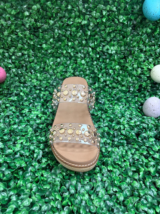 Corkys Clear with gold stud wedge