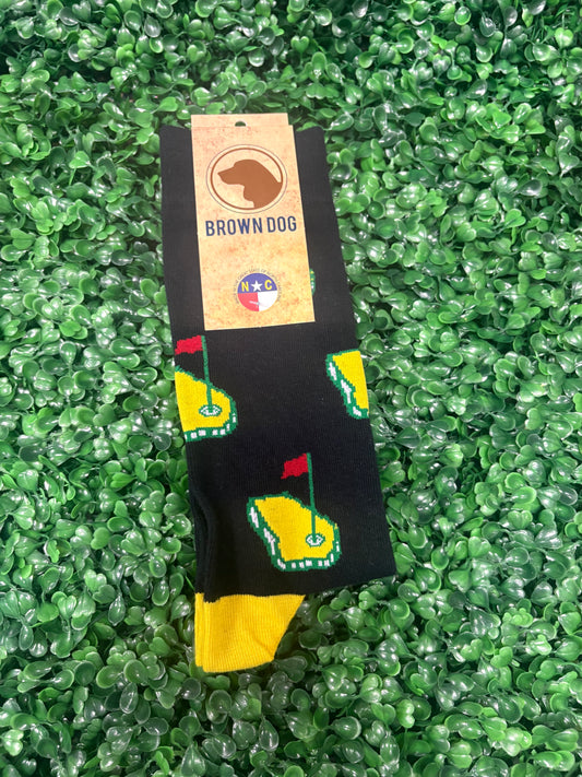 Brown dog Black masters golf socks