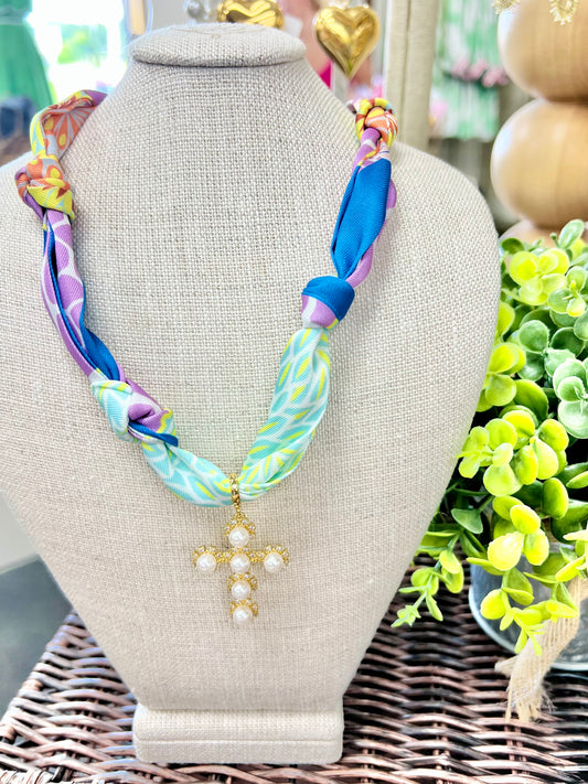 Sunset Garden Pearl Cross Scarf Necklace