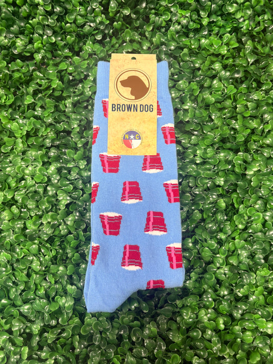 brown dog light blue solo cup socks